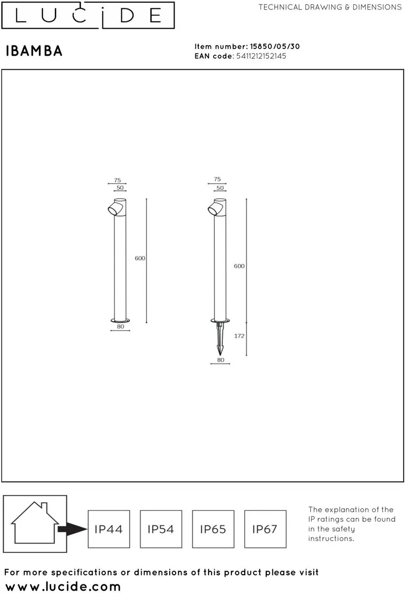 Lucide Ibamba Sokkellamp LED 12W - 2x6W 3000K - IP65 - Zwart - afbeelding 6 van 6