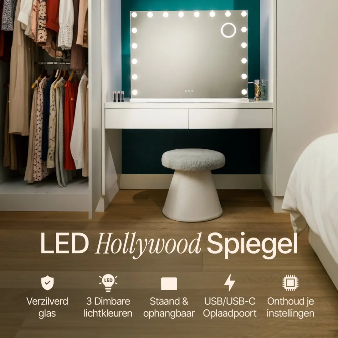 Mirlux Hollywood Spiegel 80x60cm - USB & USB-C - 10x Zoom - 3 Lichtstanden