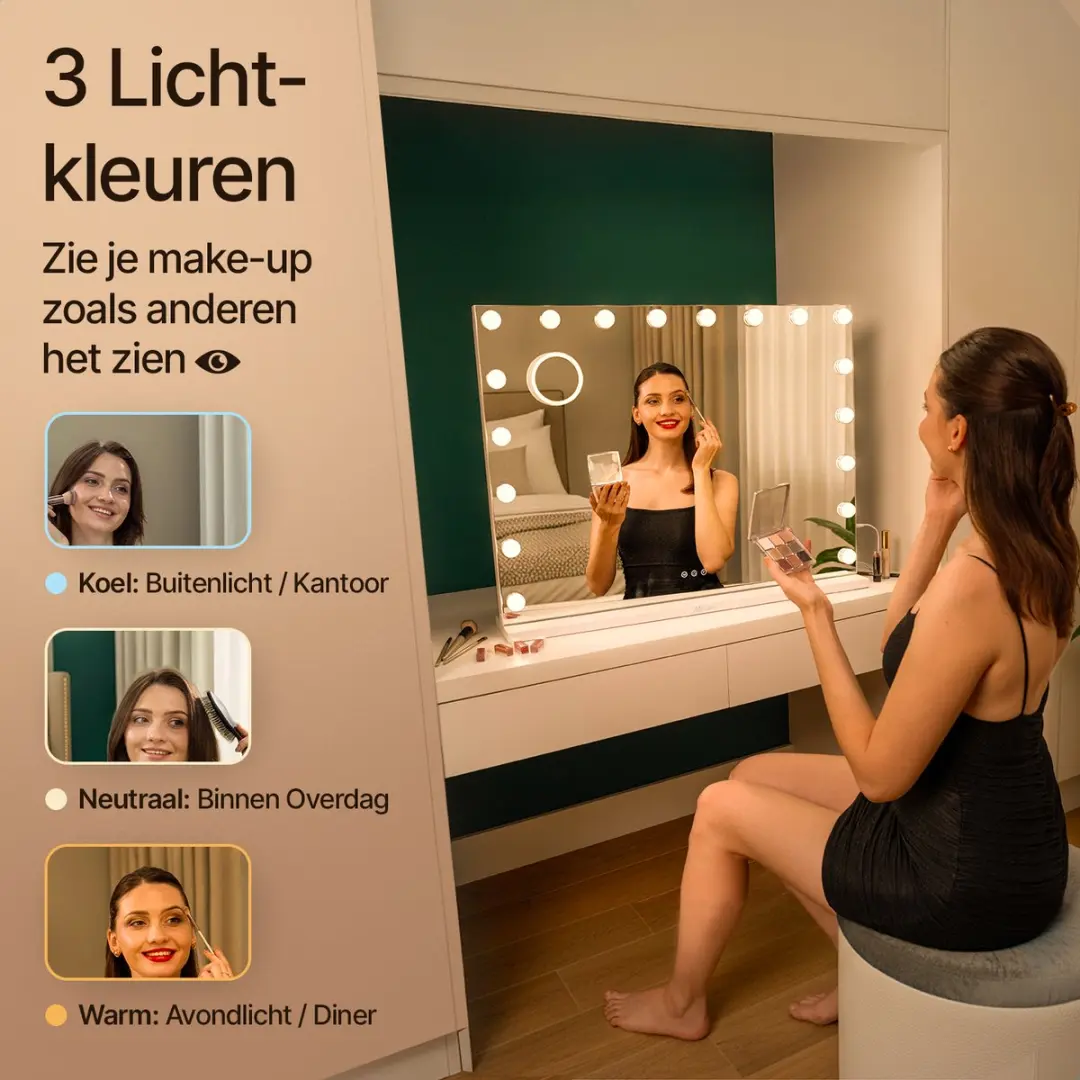 Mirlux Hollywood Spiegel 80x60cm - USB & USB-C - 10x Zoom - 3 Lichtstanden - afbeelding 6 van 6
