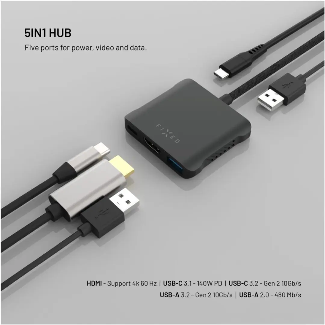 Fixed Hub Quadri 5-in-1 FIXHU-QR-BK USB-C Hub - 4K HDMI - 140W Power Delivery - Space Black
