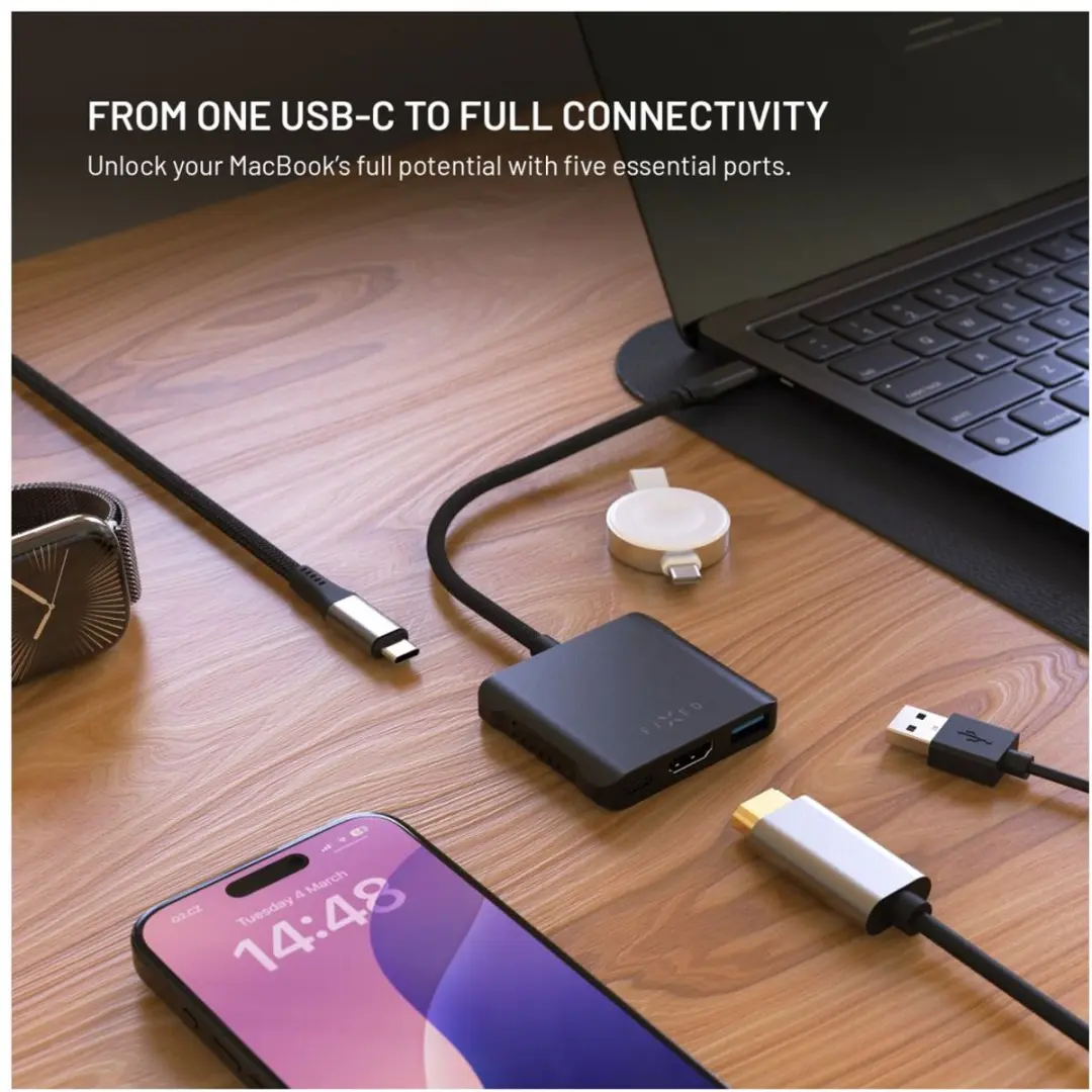Fixed Hub Quadri 5-in-1 FIXHU-QR-BK USB-C Hub - 4K HDMI - 140W Power Delivery - Space Black - afbeelding 6 van 6