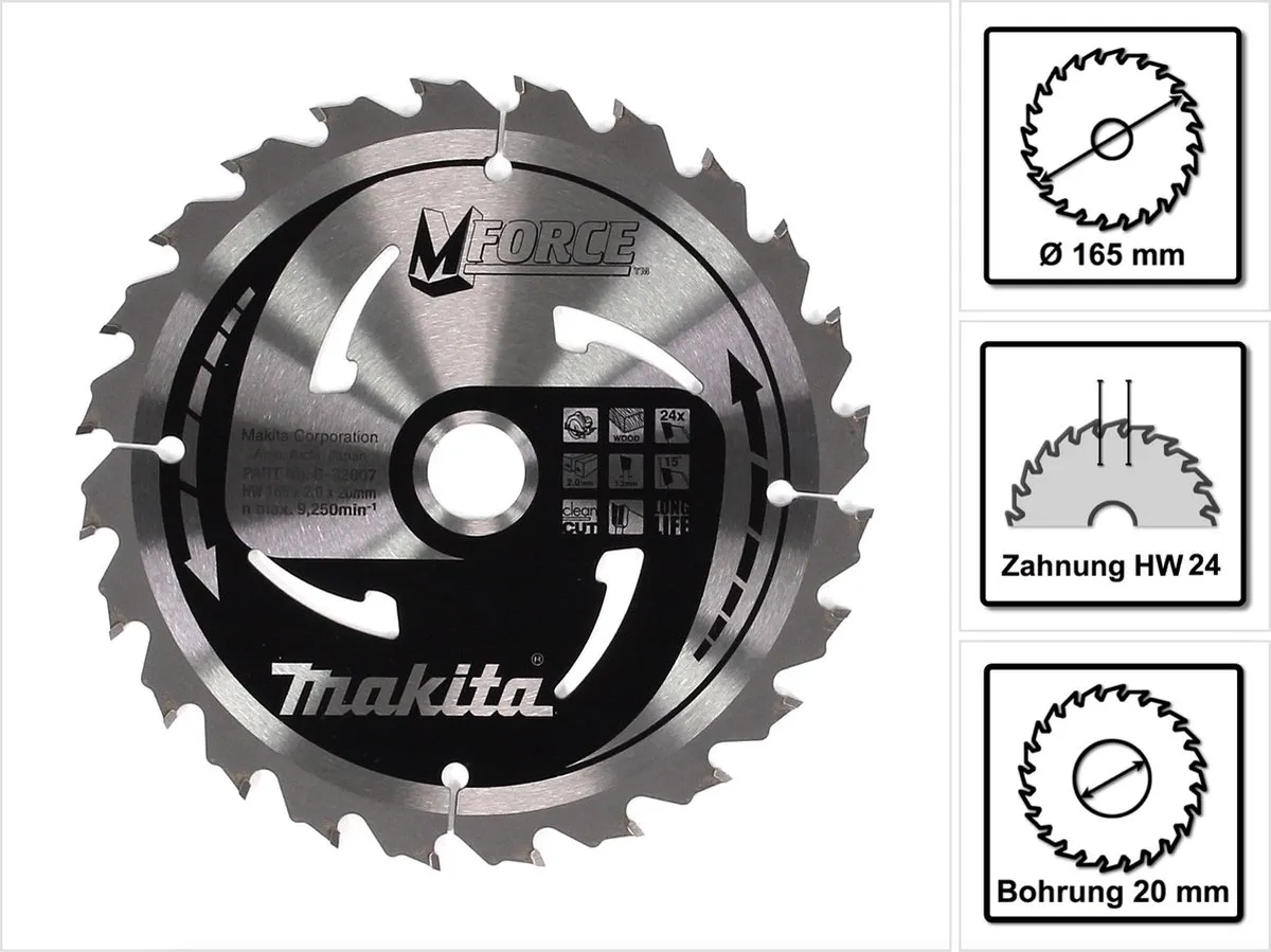 Makita Mforce Cirkelzaagblad Hout Ø165mm 24T - Asgat 20mm