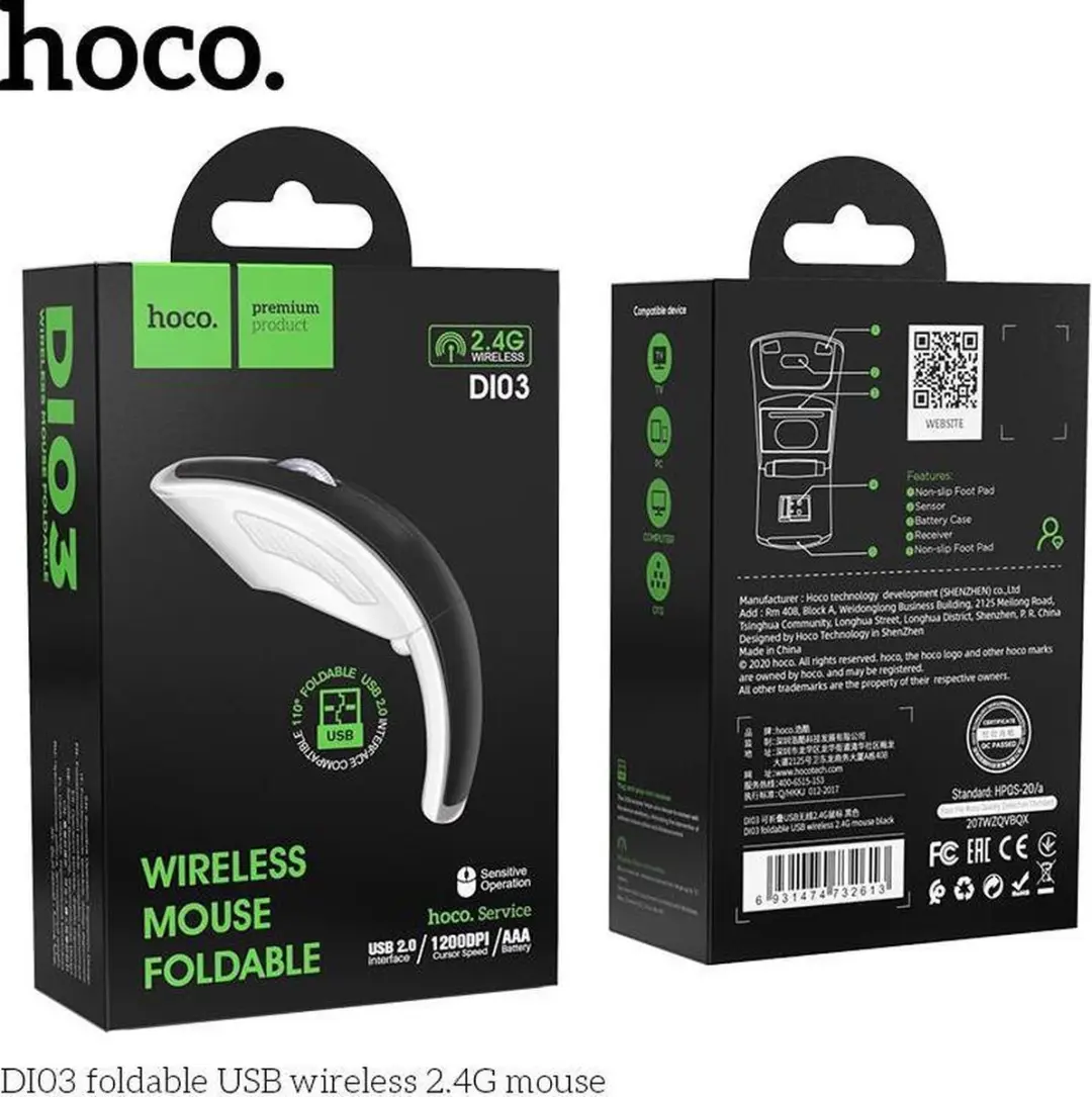 Hoco DI03 Opvouwbare Draadloze Muis - Zwart-zilver