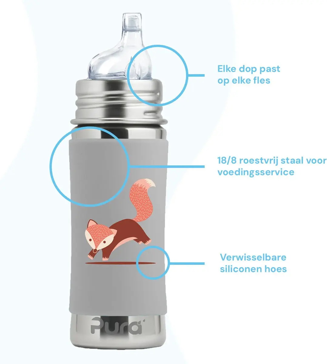 Pura Tuitfles 325ml - Vos - Inclusief Siliconen Tuit, Reisdop & Sleeve