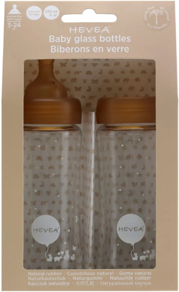 Hevea Wide Neck Babyfles 250ml - Natuurrubber - 2 Stuks