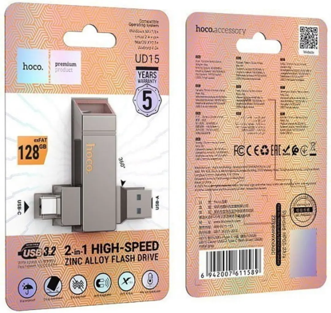 Hoco Razendsnelle 2-in-1 USB Stick 128GB - Metaalgrijs