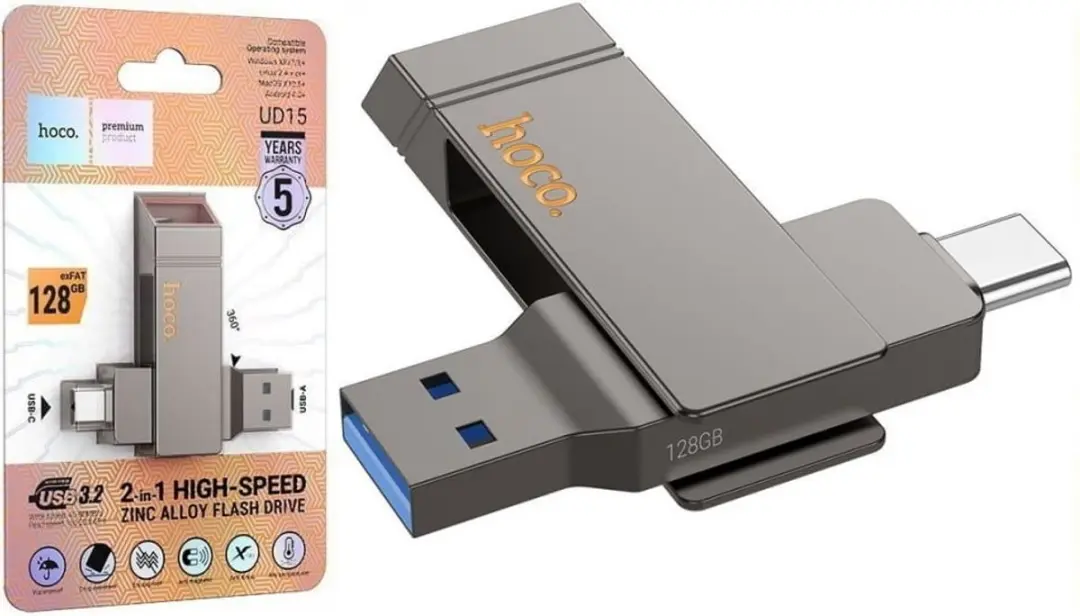 Hoco Razendsnelle 2-in-1 USB Stick 128GB - Metaalgrijs