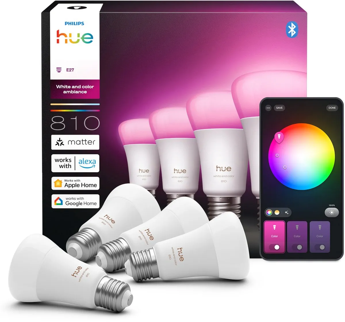 Philips Hue Slimme LED A60 E27 - 4 Stuks - Mat Glas - RGBW 6W