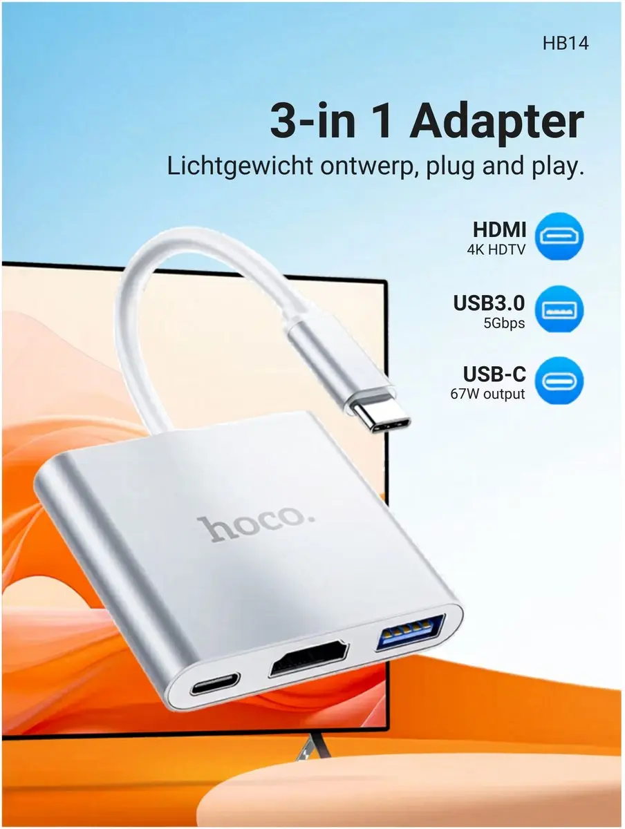 Hoco HB14 USB-C Hub - HDMI - 1x USB 3.0 - Zilver