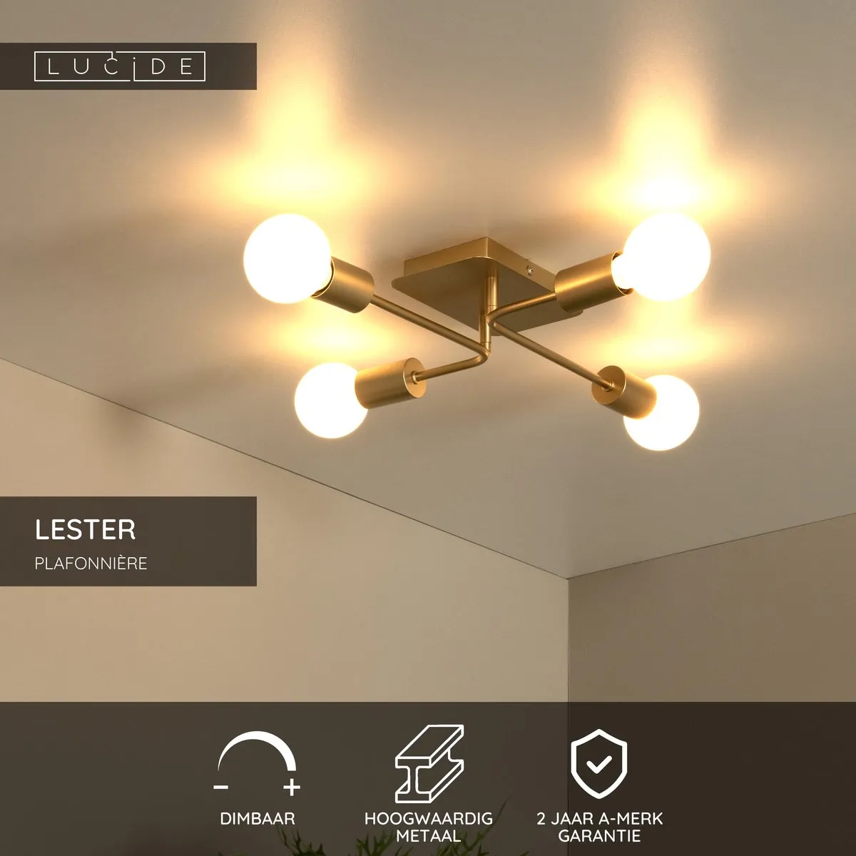 Lucide Lester Plafondlamp 4xE27 Mat Goud/Messing
