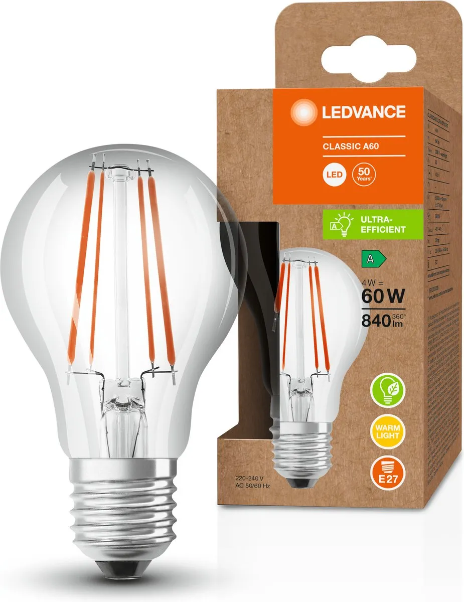 LEDVANCE Ultra LED Spaarlamp E27 4W Warm Wit - Helder Glas