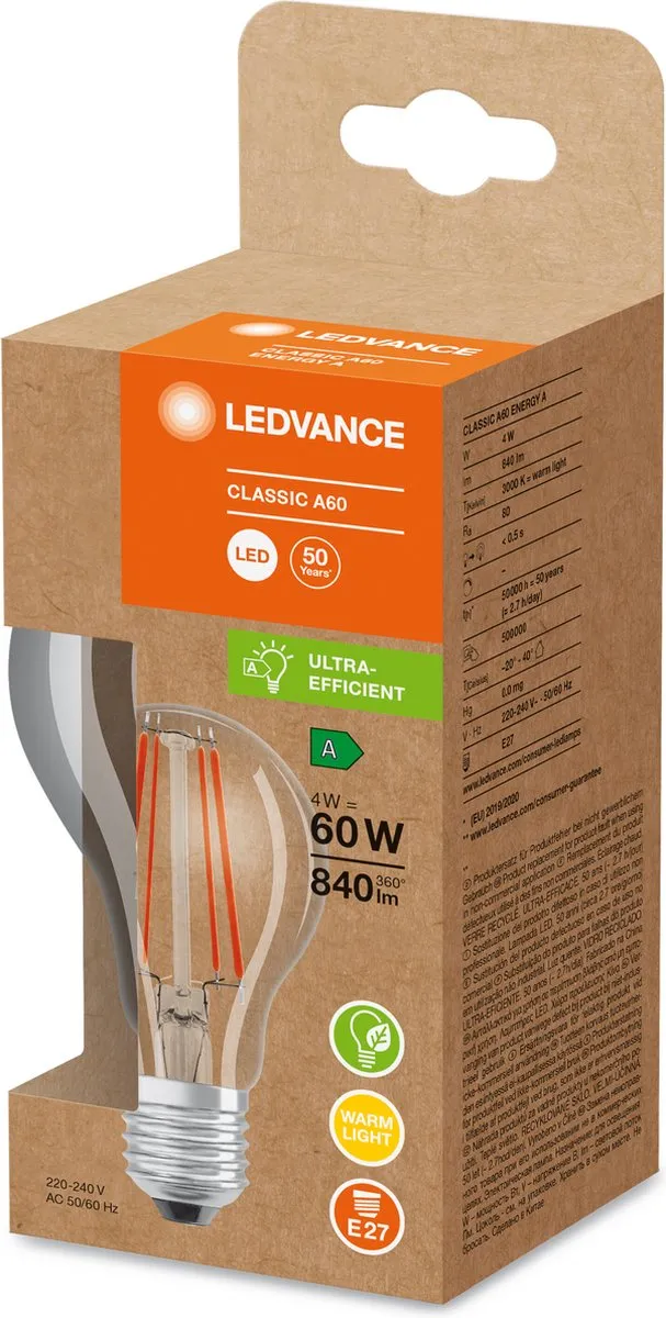 LEDVANCE Ultra LED Spaarlamp E27 4W Warm Wit - Helder Glas