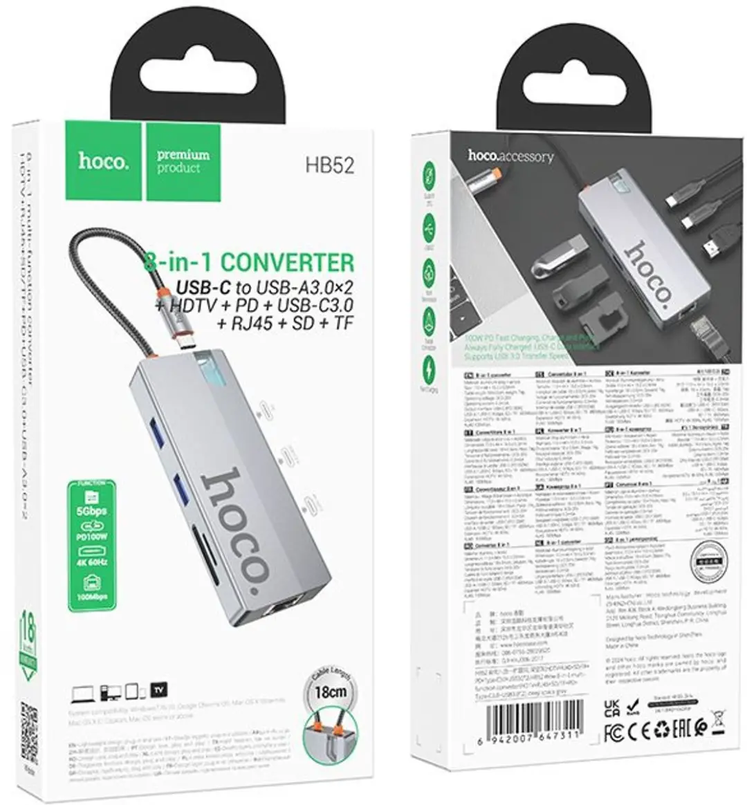 Hoco HB52 USB-C Hub 8-in-1 - HDMI 4K@60Hz Ethernet Grijs