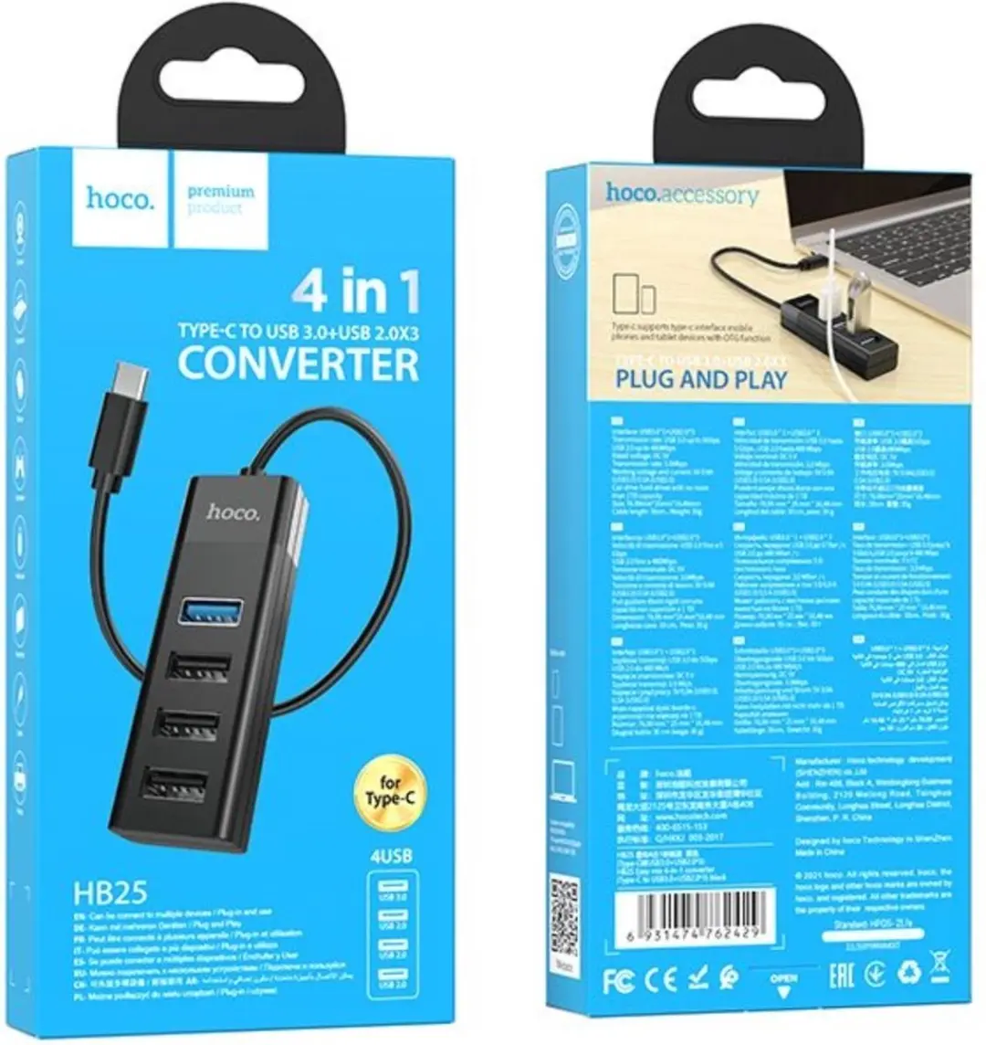 Hoco 4-in-1 USB Hub Type-C naar USB-A 3.0/2.0 - 6931474762429 - Zwart - afbeelding 6 van 6