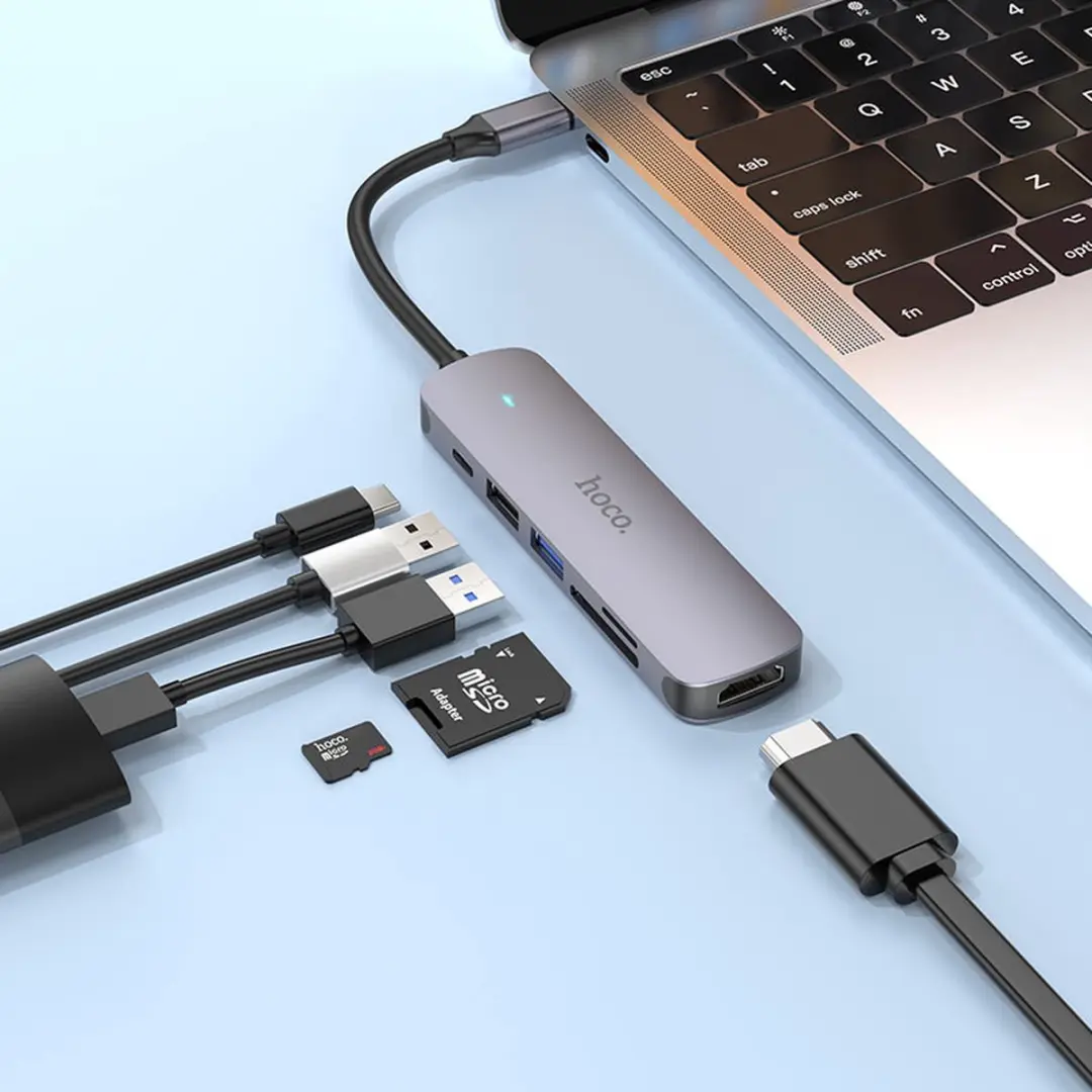 Hoco HB28 USB-C Adapter - HDMI + 3x USB + SD/MicroSD Lezer - Zilver Grijs