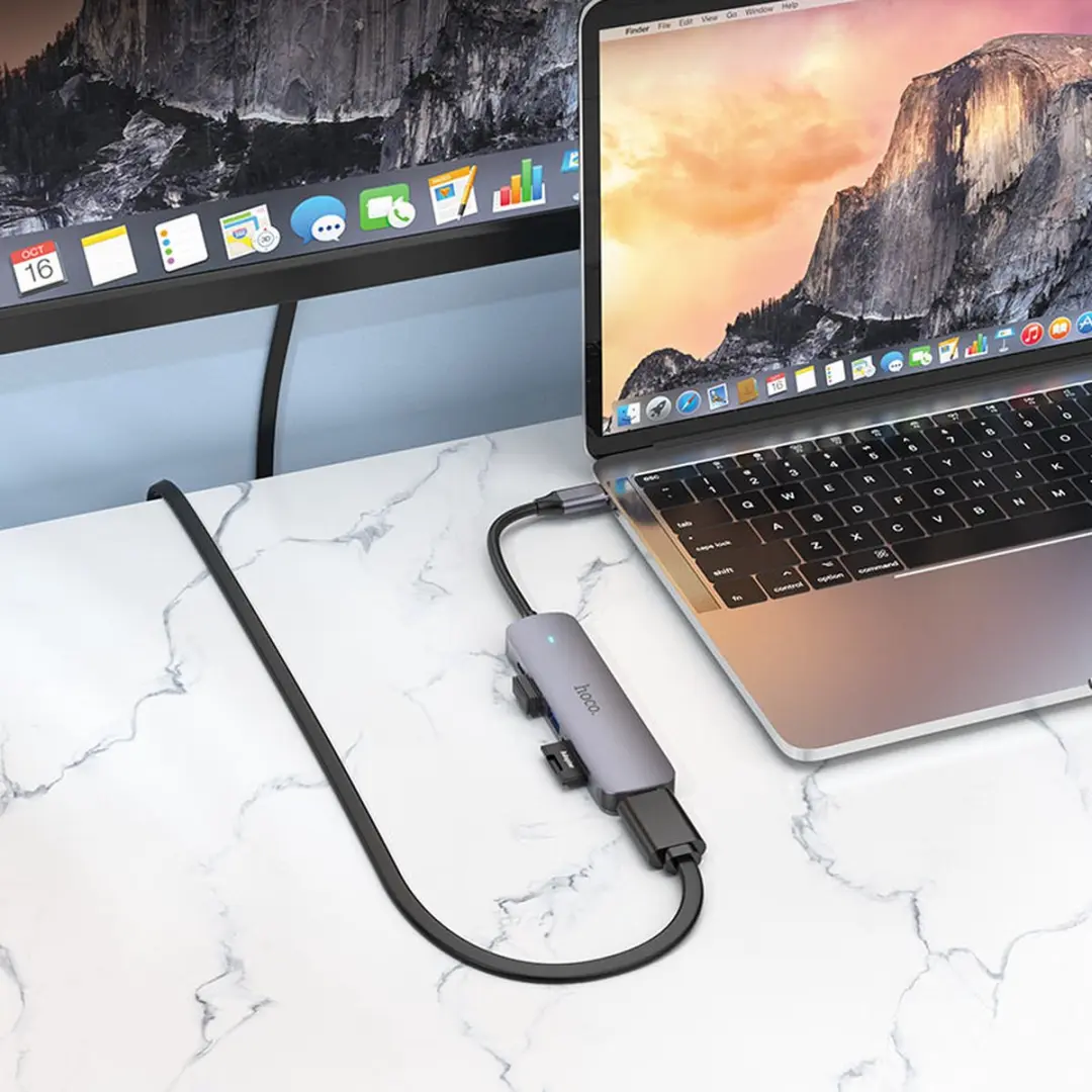 Hoco HB28 USB-C Adapter - HDMI + 3x USB + SD/MicroSD Lezer - Zilver Grijs