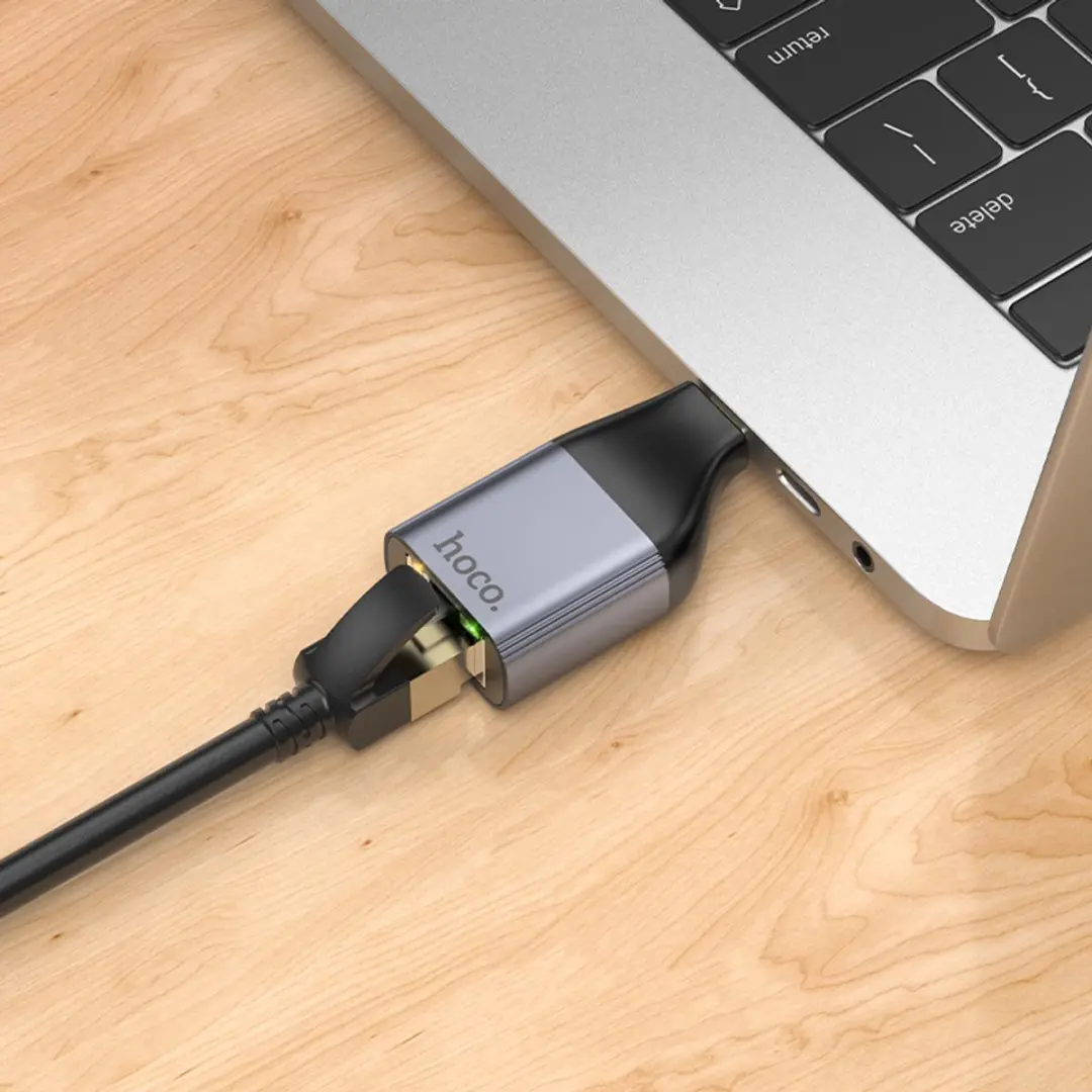 Hoco USB-C naar Ethernet Adapter 100Mbps - RJ45 - Zwart/Grijs