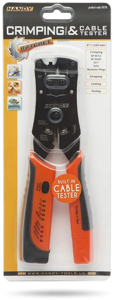Handy 4-in-1 Krimptang met Kabeltester - RJ11/RJ12/RJ22/RJ45 - 220mm - Zwart/Oranje