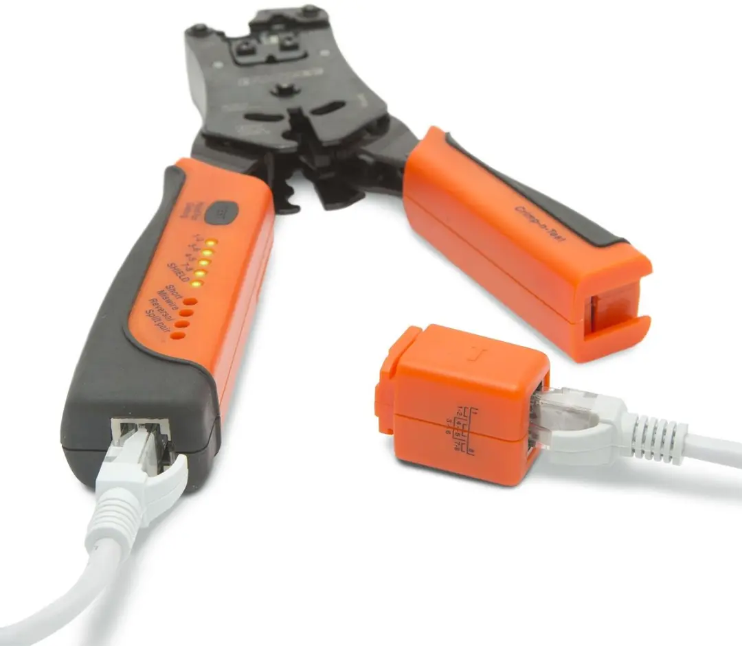 Handy 4-in-1 Krimptang met Kabeltester - RJ11/RJ12/RJ22/RJ45 - 220mm - Zwart/Oranje