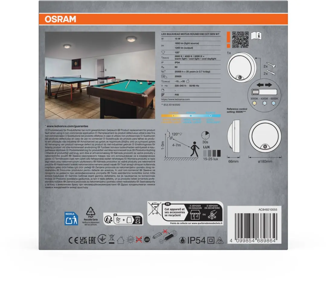 Osram LED Bulkhead Motus Round 15W CCT Plafondlamp - 180cm Ø - Wit