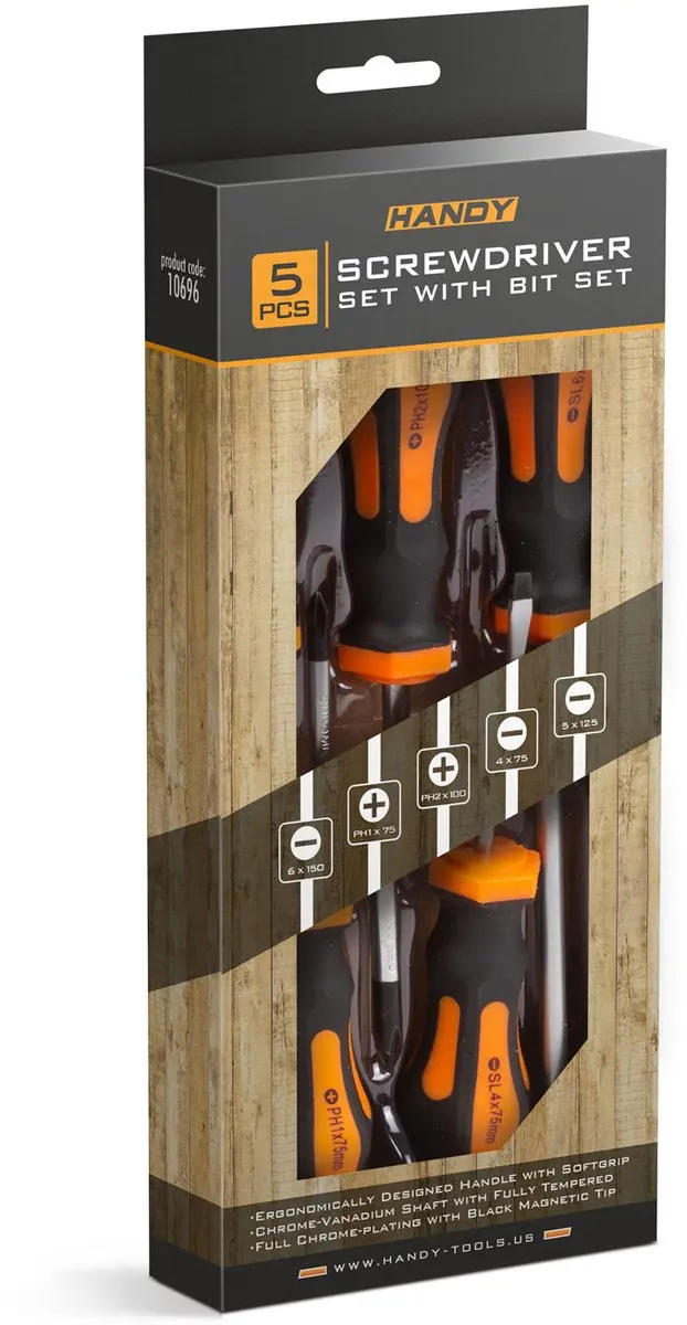 Handy 5-delige Schroevendraaierset - PH/PZ & Sleuf - 10696 - Oranje/Zwart