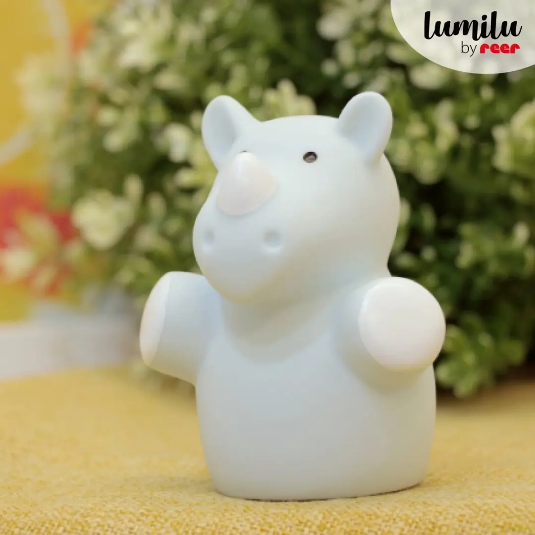 Reer Lumilu Nachtlampje Mini Zoo Neushoorn - Lichtblauw/Wit - afbeelding 6 van 6