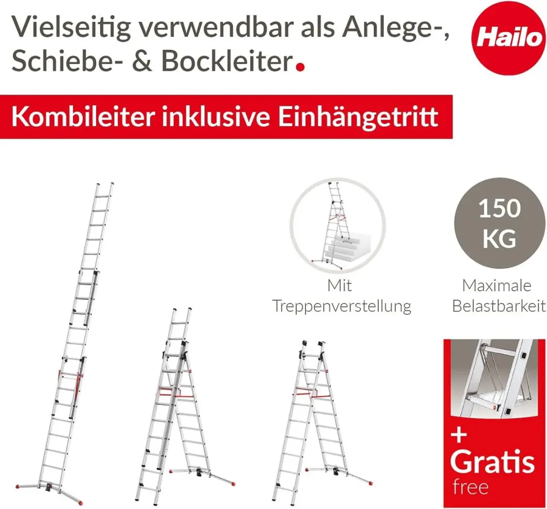 Hailo S100 ProfiLOT 3-delige Aluminium Ladder 150kg - Zilverkleurig
