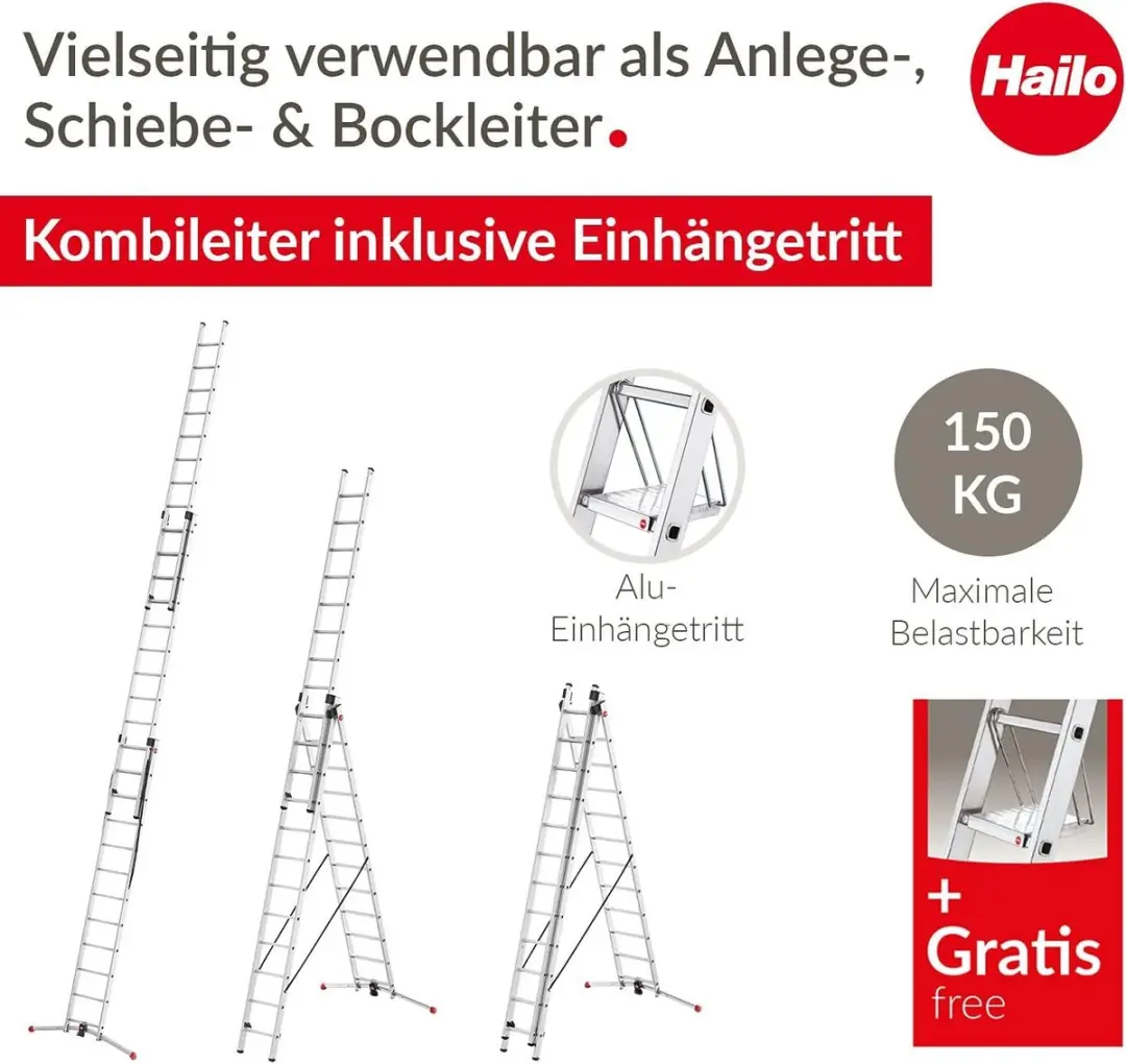 Hailo ProfiLOT 3-delige Aluminium Combinatieladder 3x12 Sporten - 150 kg