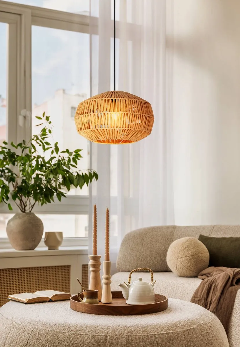 Eglo Sheldon Hanglamp E27 - Ø38cm - Zwart/Natuurlijk/Bruin