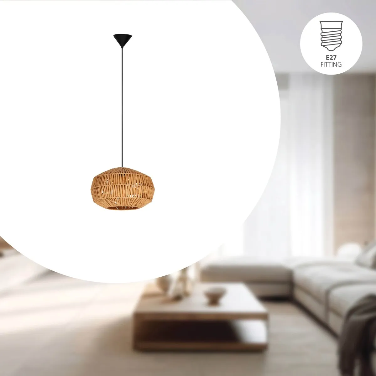 Eglo Sheldon Hanglamp E27 - Ø38cm - Zwart/Natuurlijk/Bruin
