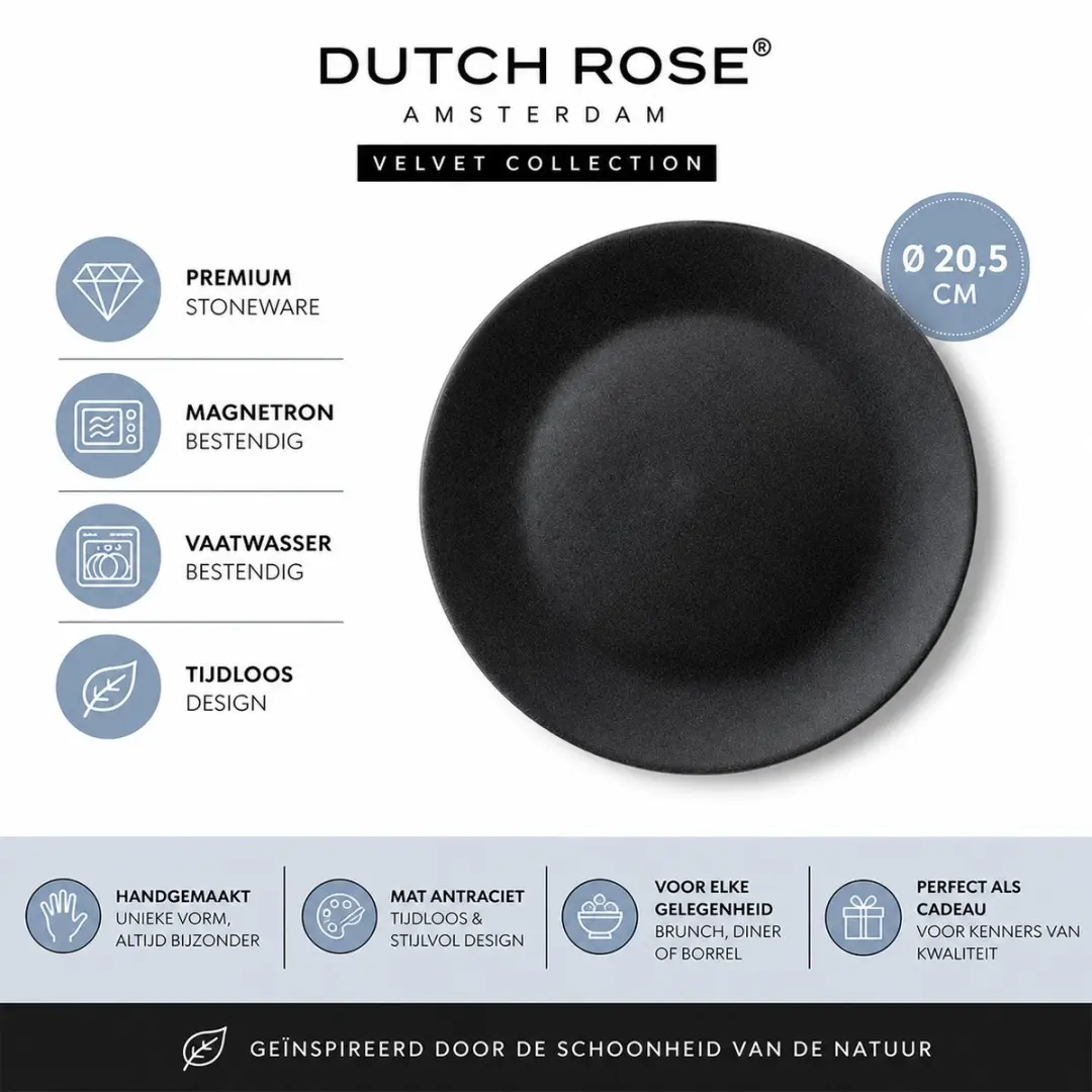 Dutch Rose Velvet Bordset Platte Borden 20,5cm Antraciet - 8717823831309