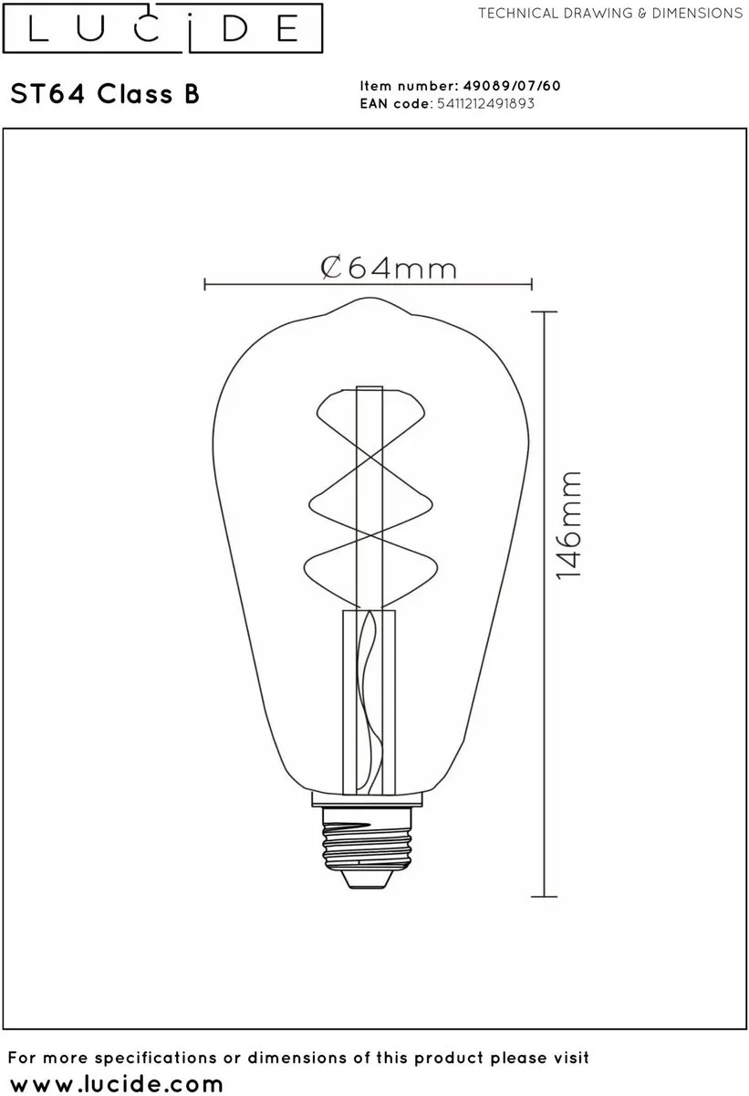 Lucide ST64 Class B LED Filamentlamp 7W 2700K - Ø6,4cm Transparant