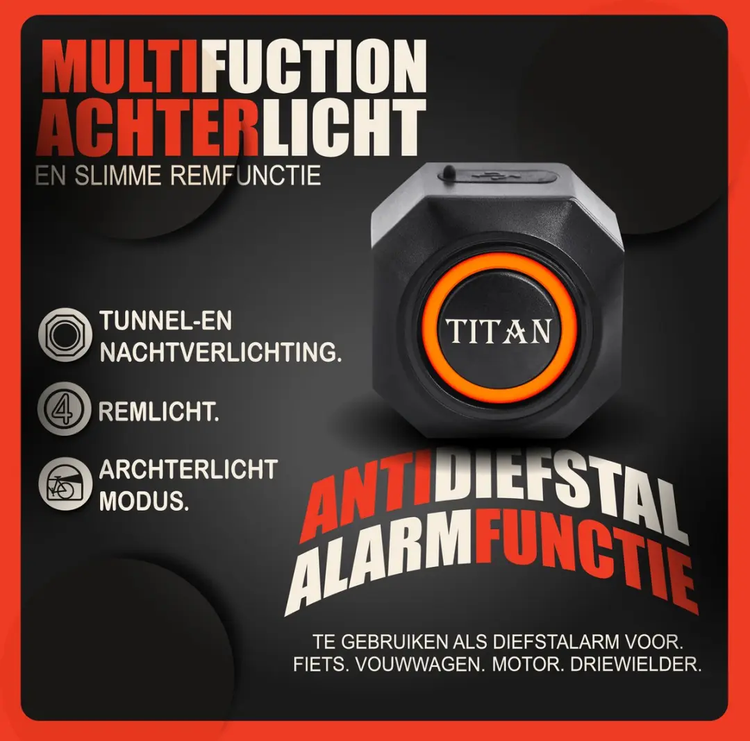 Titan 2in1 Fietsalarm & Fietslamp NVT - Zwart