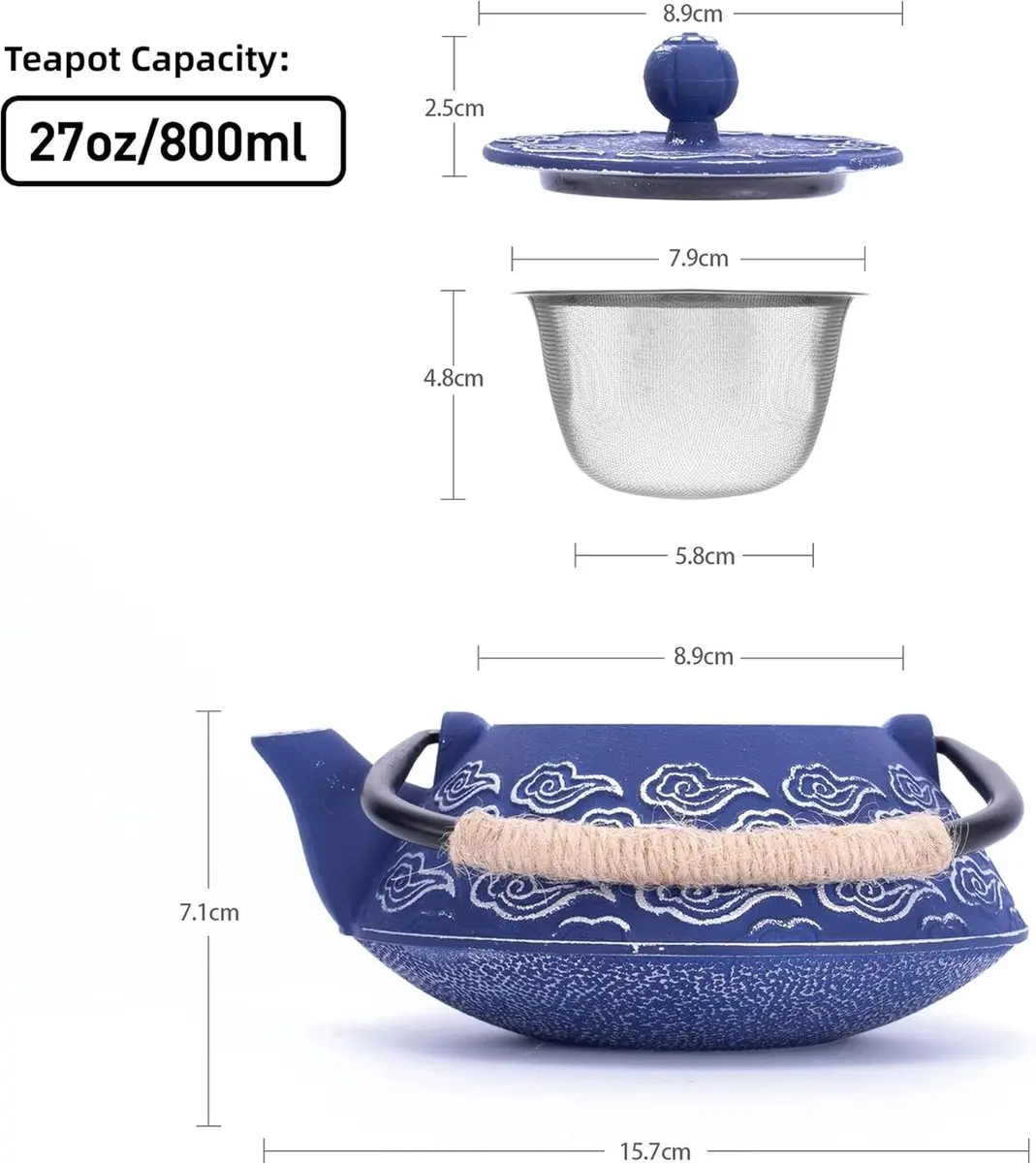 Bredemeijer Japanse Theepot 800ml - Gietijzer Geëmailleerd - Blauw - afbeelding 6 van 6