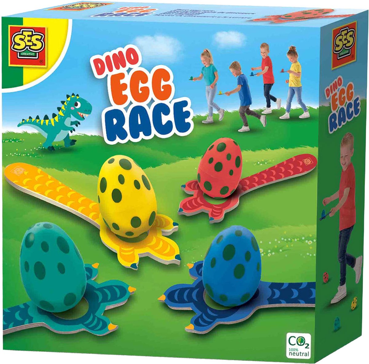 SES - Dino eierloop - set met 4 eieren, 4 dino lepels en 4 dino fiches - buiten spelen - met handige bewaartas - Dinosaurus Speelgoed