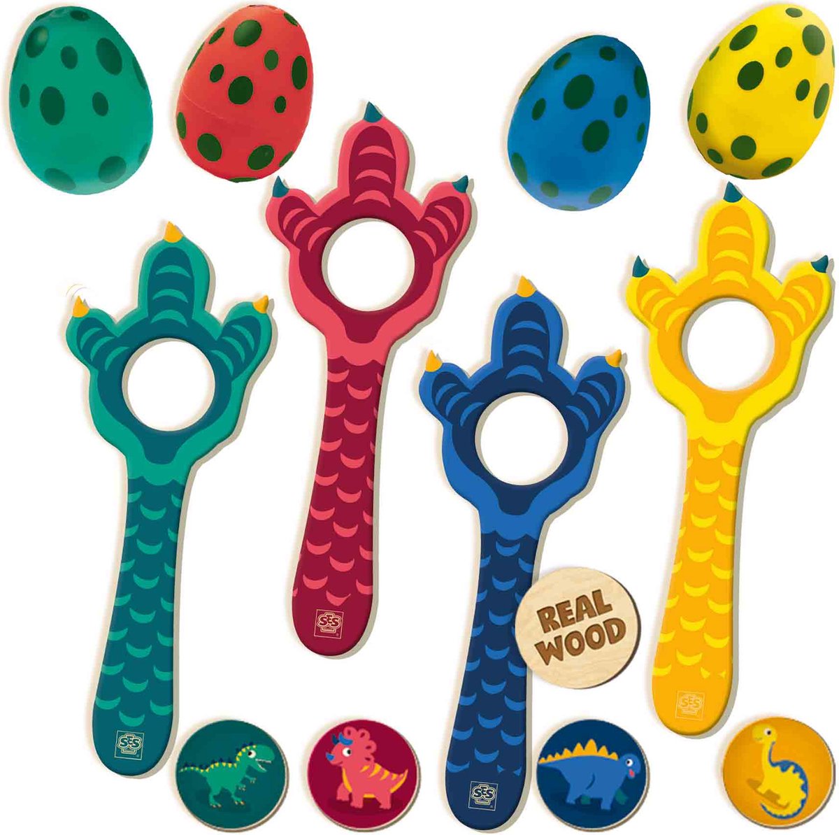 SES - Dino eierloop - set met 4 eieren, 4 dino lepels en 4 dino fiches - buiten spelen - met handige bewaartas - Dinosaurus Speelgoed