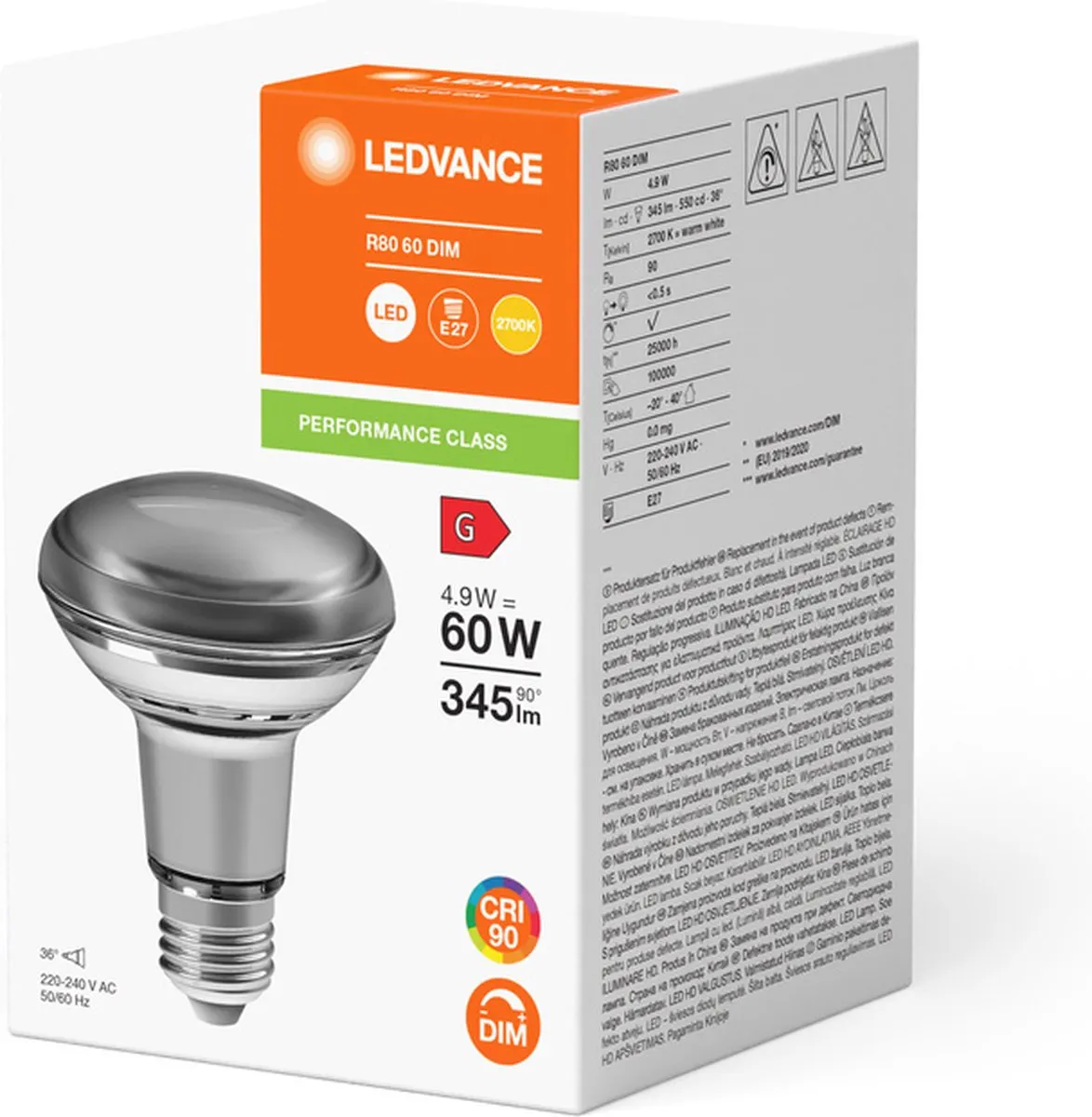 LEDVANCE Performance LED Spot E27 R80 4.9W 345lm - 36D - Zeer Warm Wit