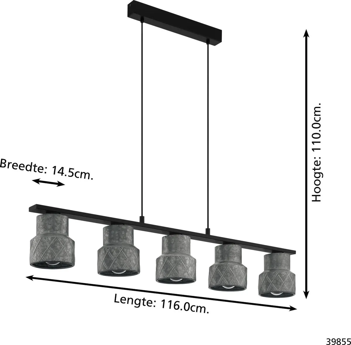 Eglo Hilcott Hanglamp E27 - 5 Lichthoorns - 116 cm - Zwart - afbeelding 6 van 6