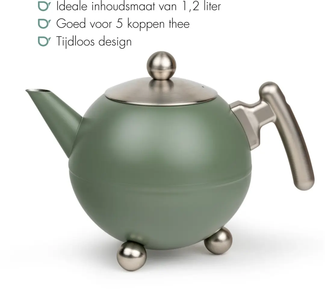 Bredemeijer Bella Ronde Dubbelwandige Theepot 1,2L - Legergroen