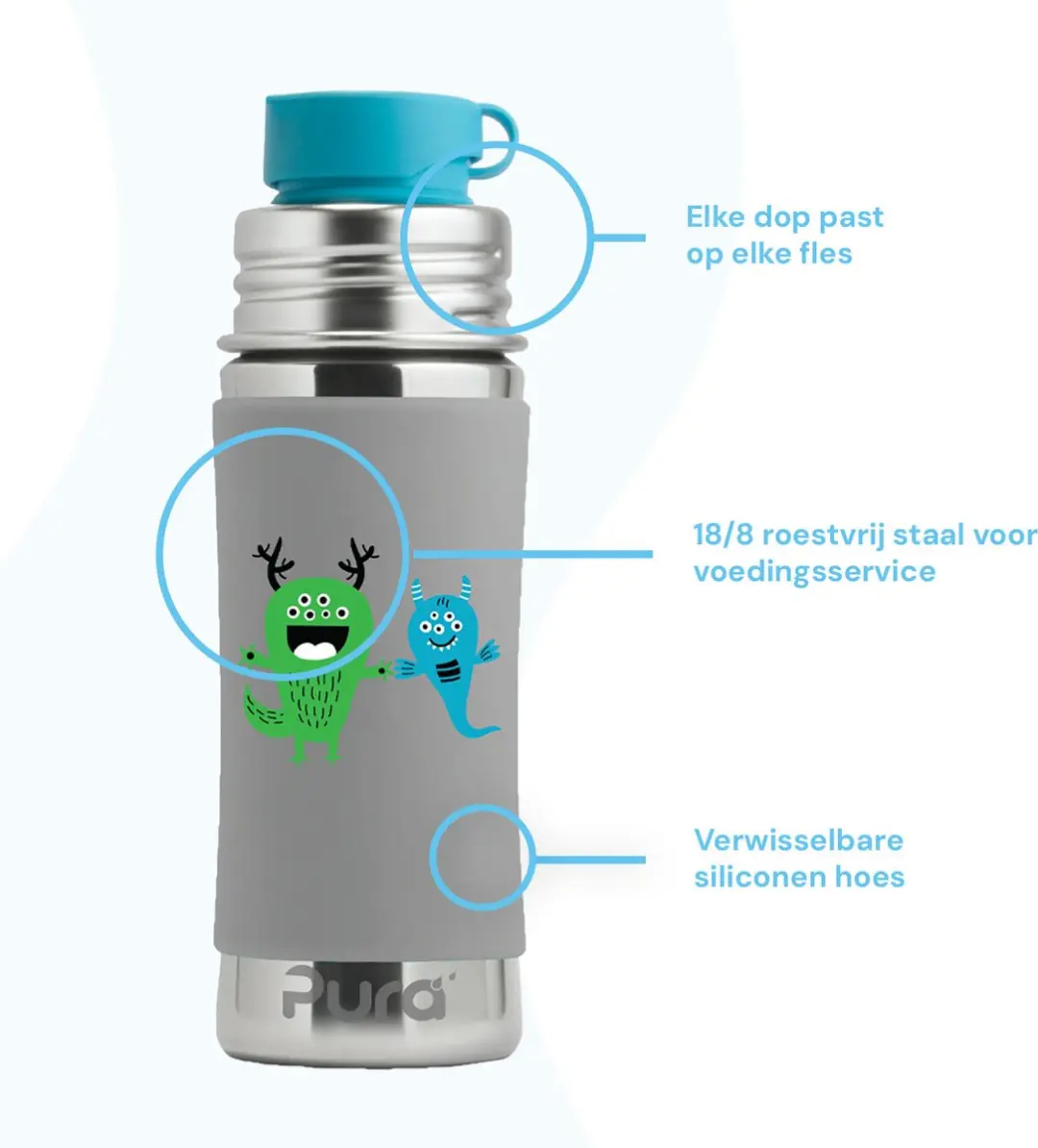 Pura Sportfles 325ml - Plasticvrij - Grijs/Blauw/ Groen
