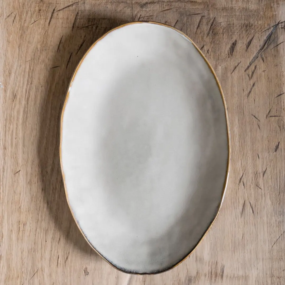 Dutch Rose Organic Ovale Serveerschaal 34x23cm - Handgemaakt Creme