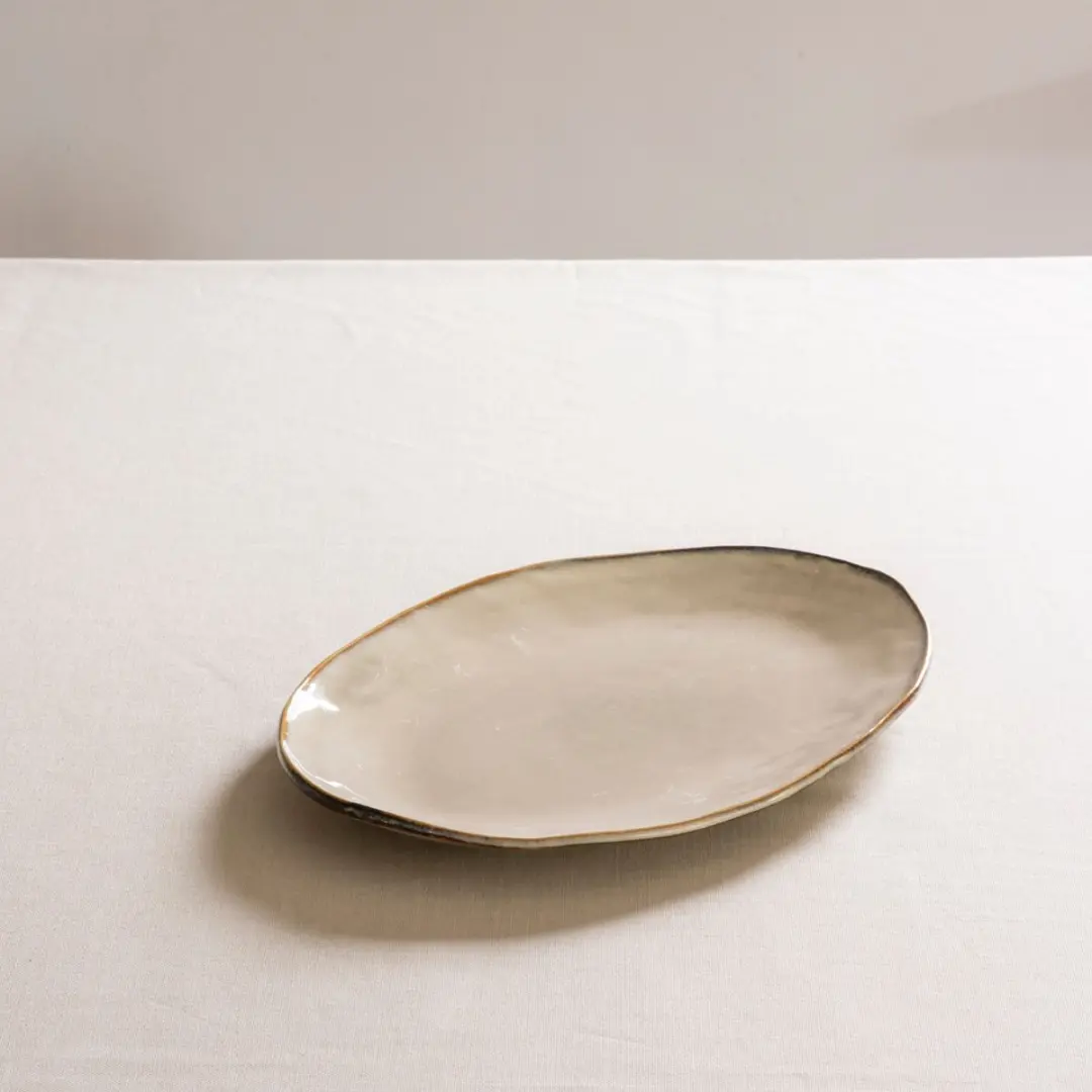 Dutch Rose Organic Ovale Serveerschaal 34x23cm - Handgemaakt Creme