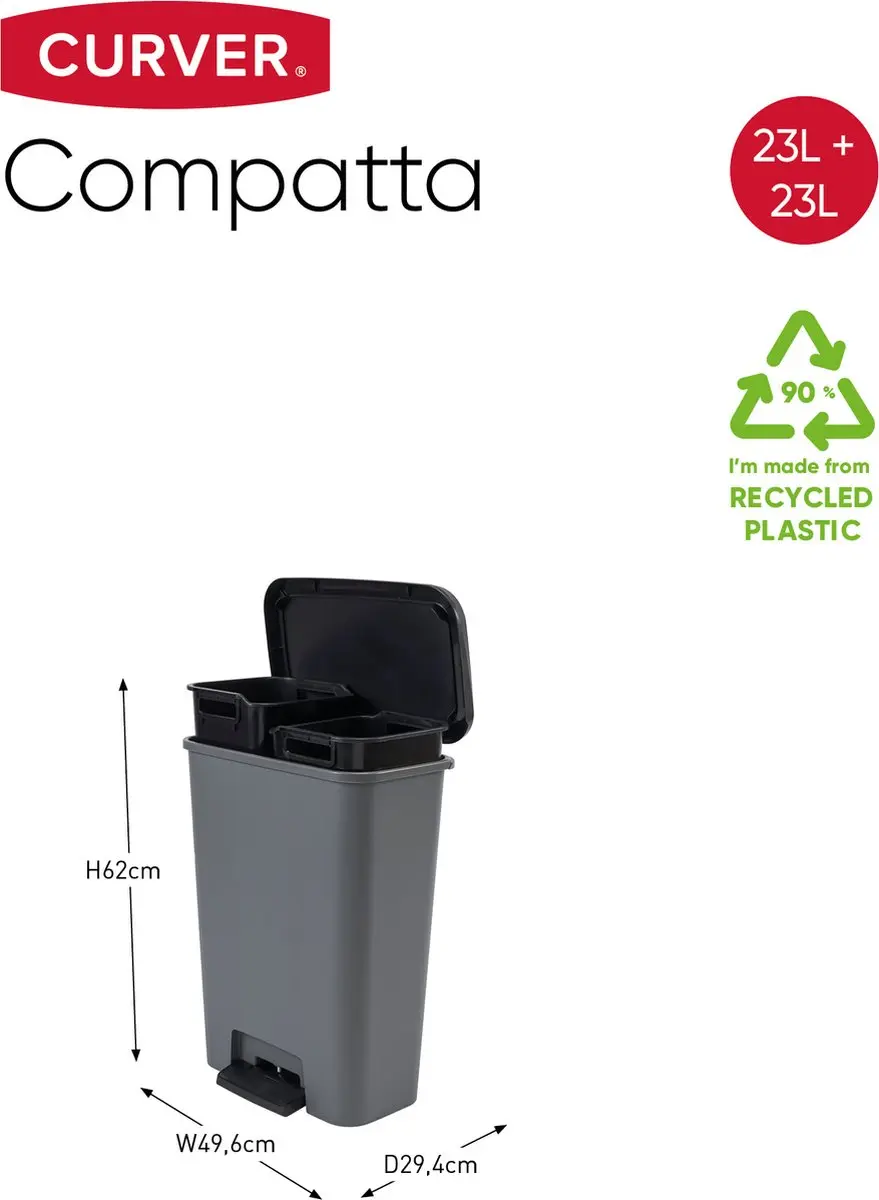 Curver Compatta Duo Prullenbak 46L - Grijs/Zwart