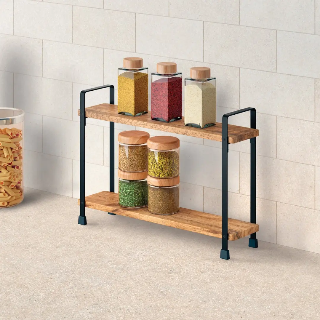 Metaltex York Lava Kruidenrek 2 etages - 8x34x23cm - Zwart/Hout