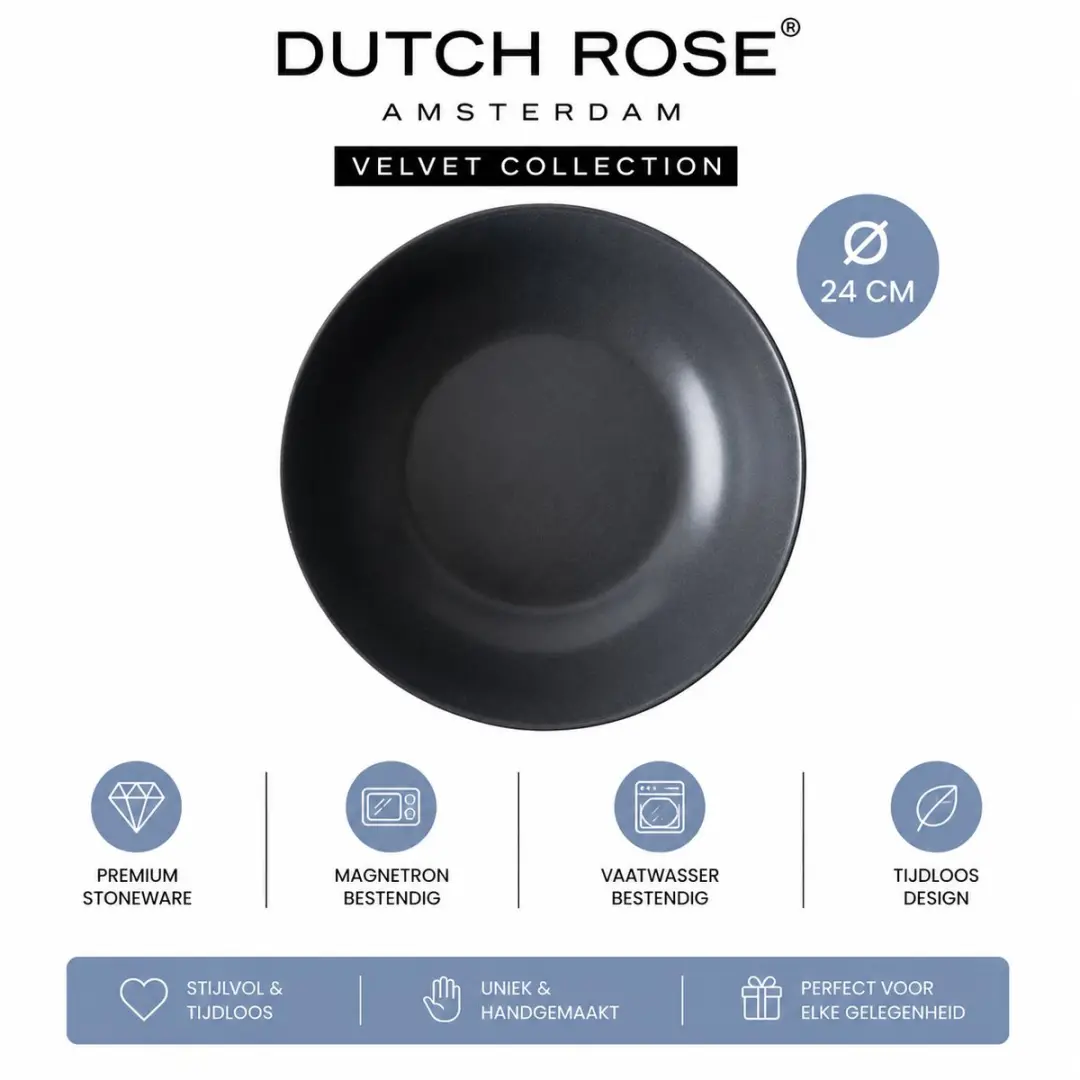 Dutch Rose Rose Velvet Saladeschaal Set - 24cm Antraciet - 4 Stuks