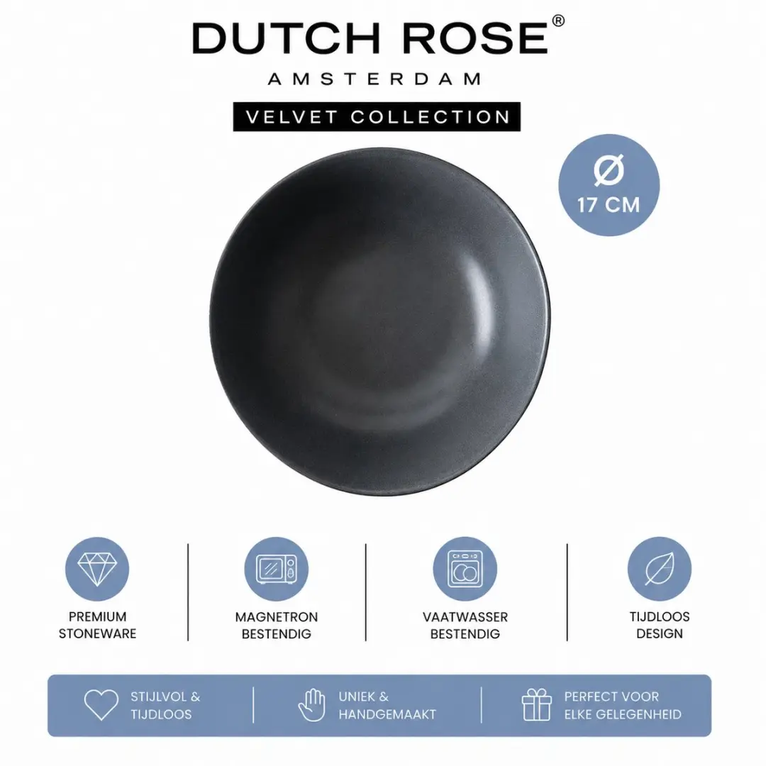 Dutch Rose Velvet Kommen 17cm Antraciet - 4 Stuks
