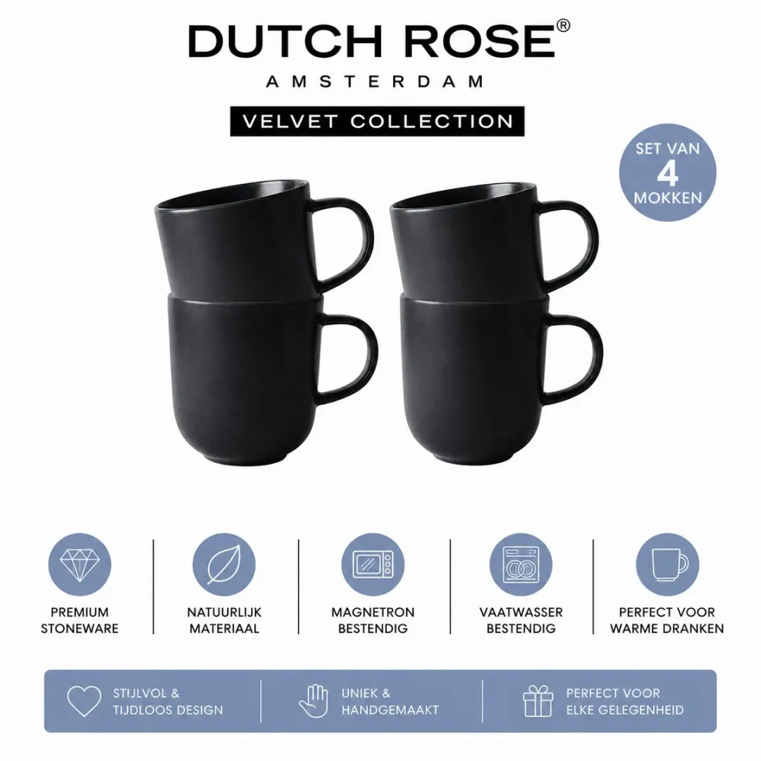 Dutch Rose Velvet Set 4 Bekers - Antraciet