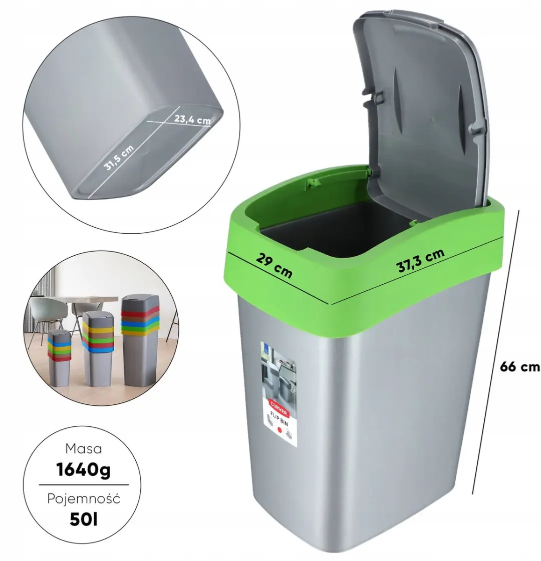 Curver Prullenbak 25L - Grijs met groen frame