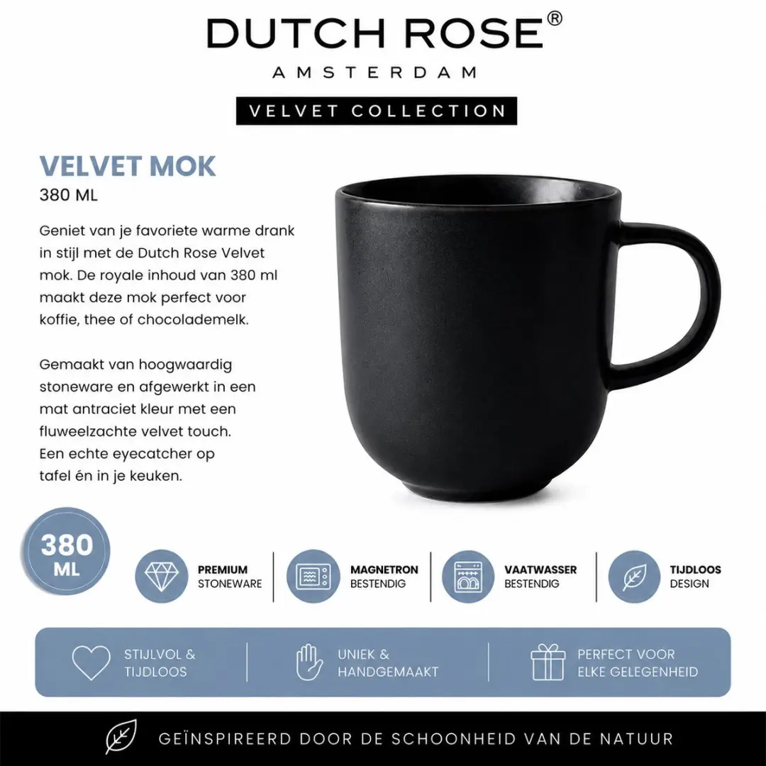 Dutch Rose Velvet Mokken Antraciet - 4 Stuks 39cl