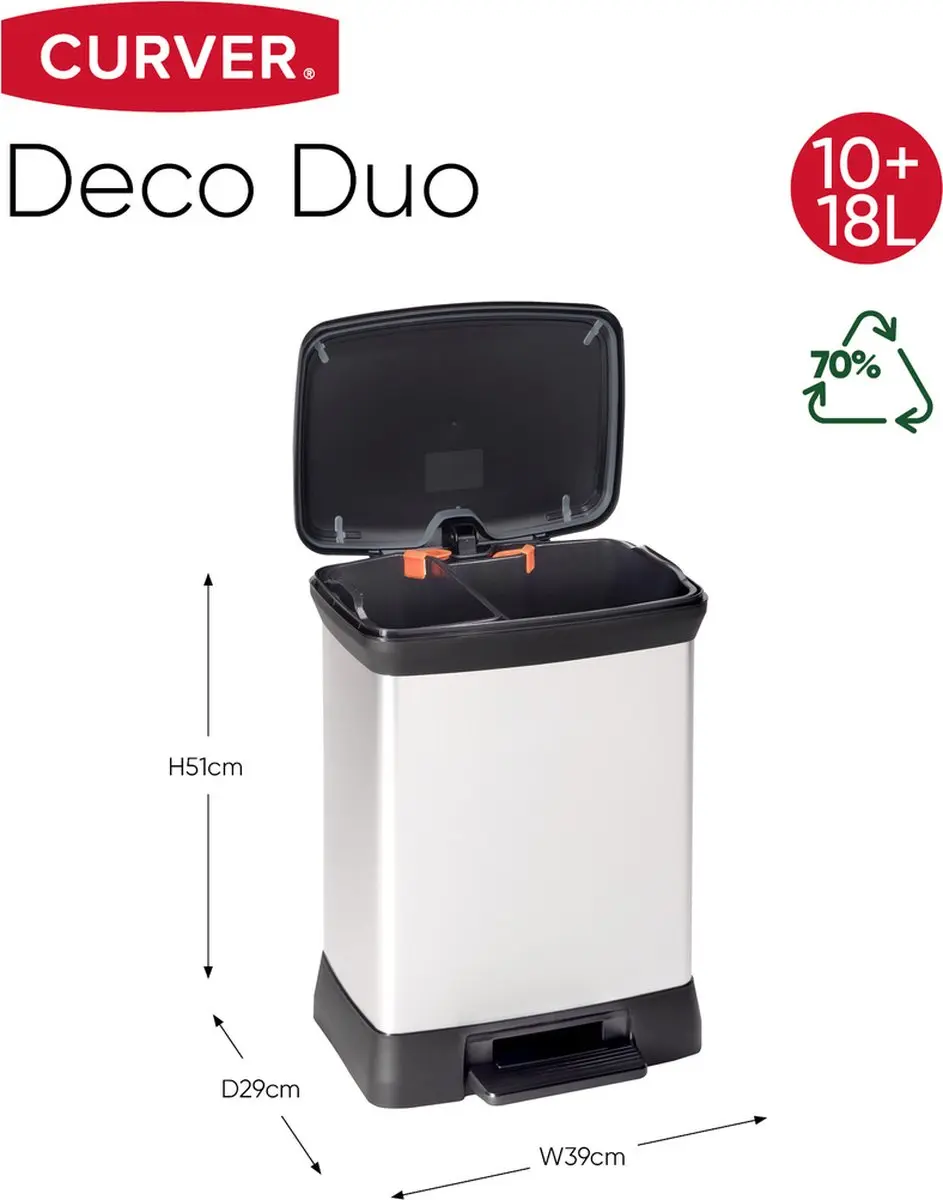 Curver Decobin Duo Prullenbak Afvalscheider 28L - 2 Vakken - Metallic